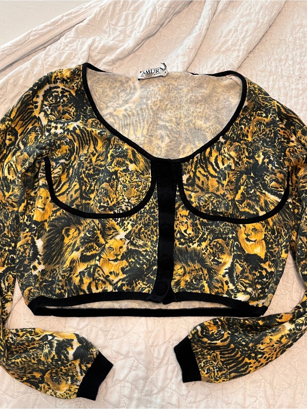 AMUR Ninetta Cheetah Print Cardigan M Bustier Seam Crop Big Cat Organic Cotton